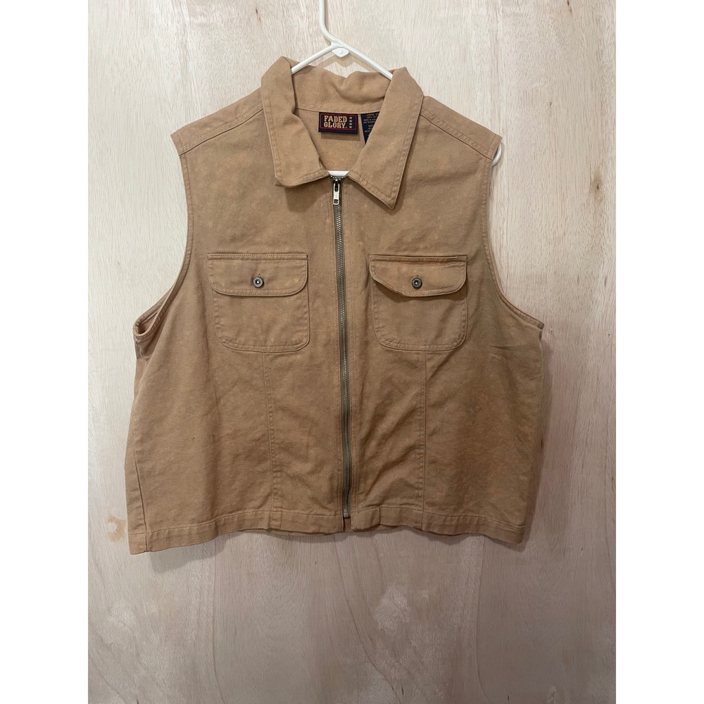 Vintage Faded Glory Tan Khaki Denim Vest Womens 16W Cotton Utility vest